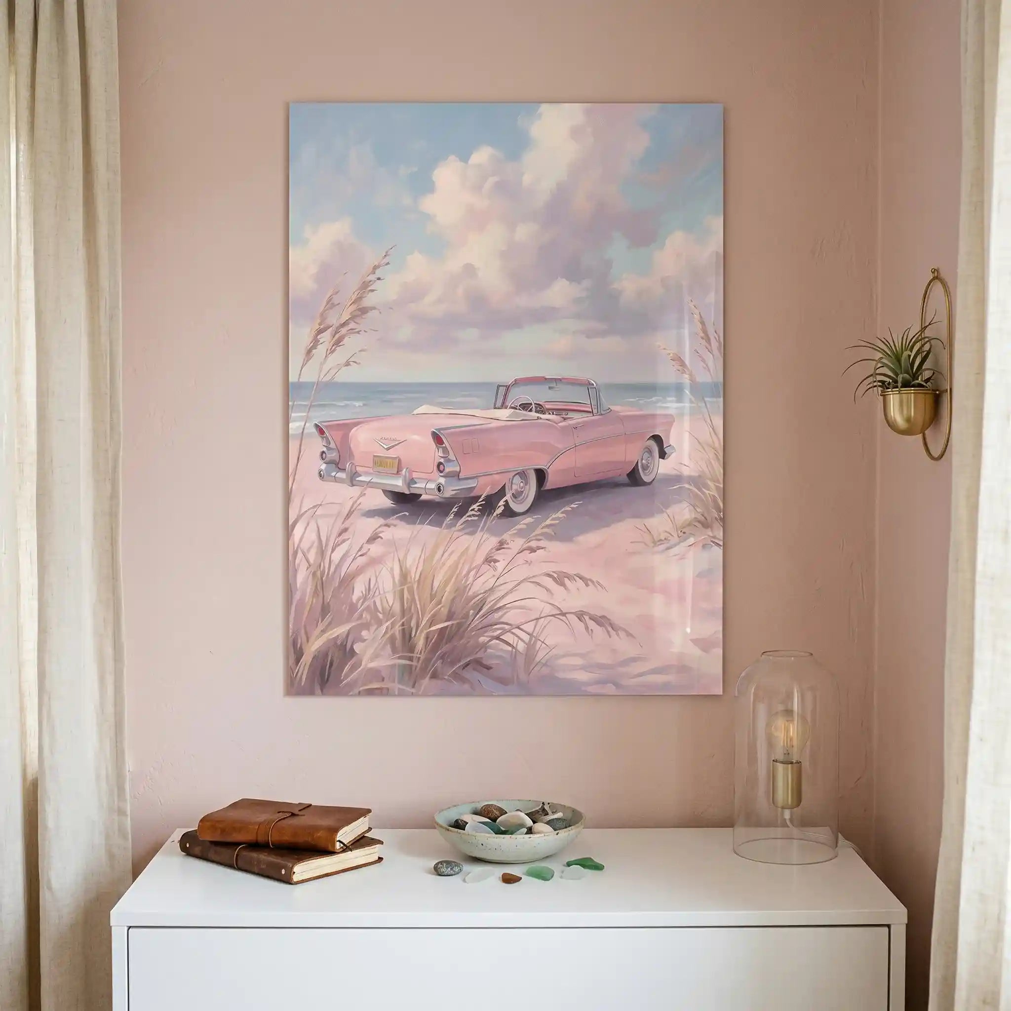 Cuadro Póster Coche Rosa junto al Mar | Decoración Pastel