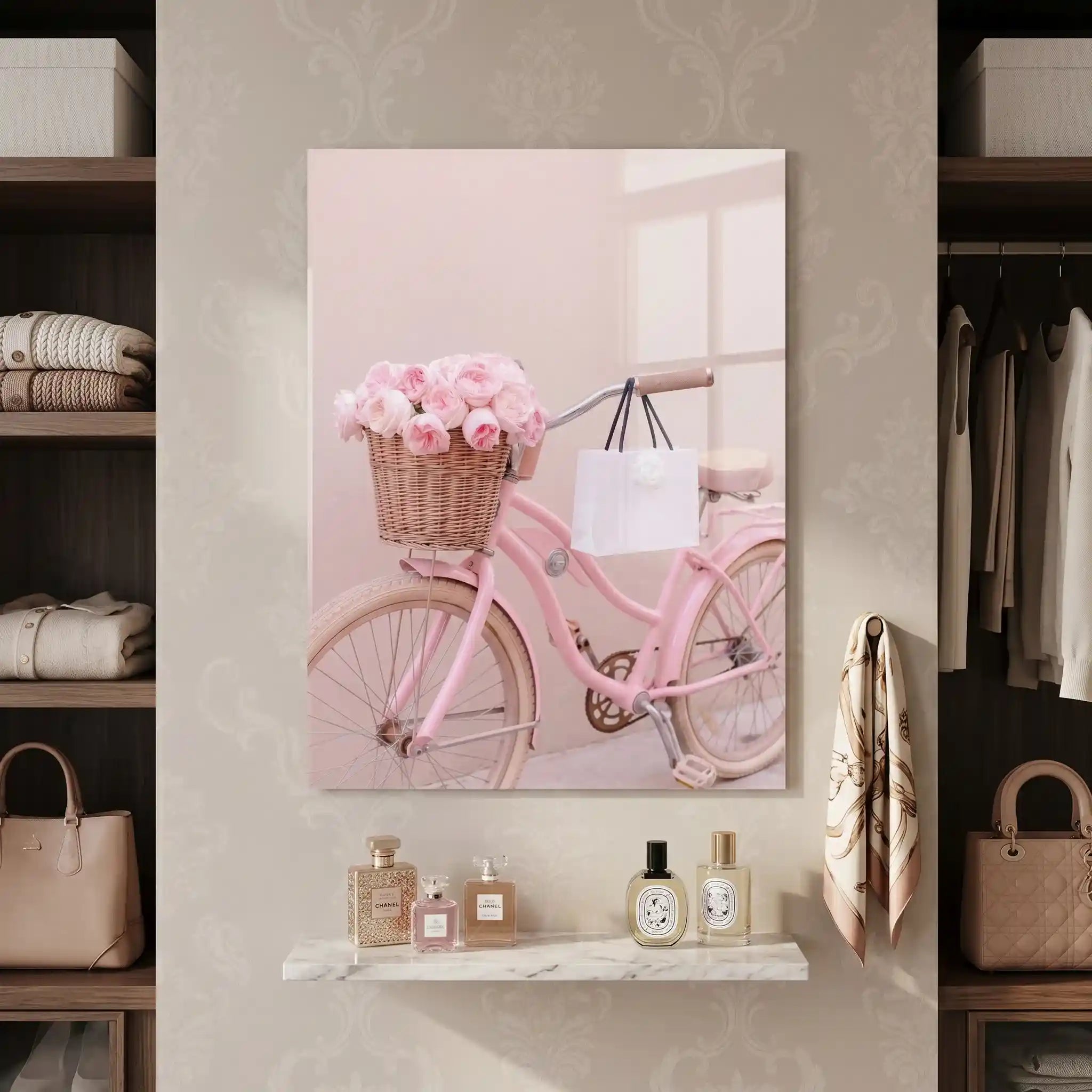 Cuadro Póster Bicicleta Rosa con Flores | Estilo Romántico Pastel