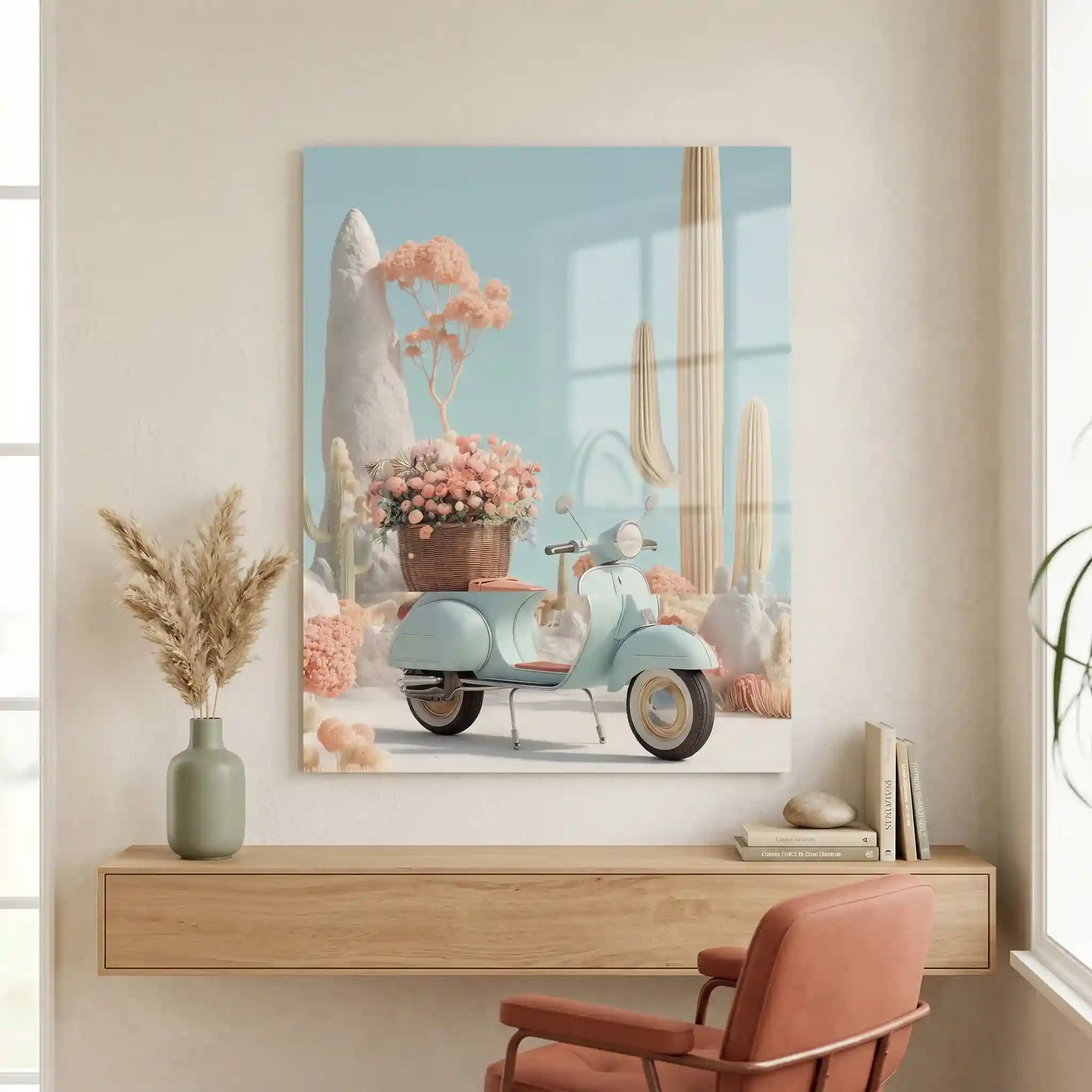 Cuadro Póster Scooter Vintage con Flores | Estilo Pastel
