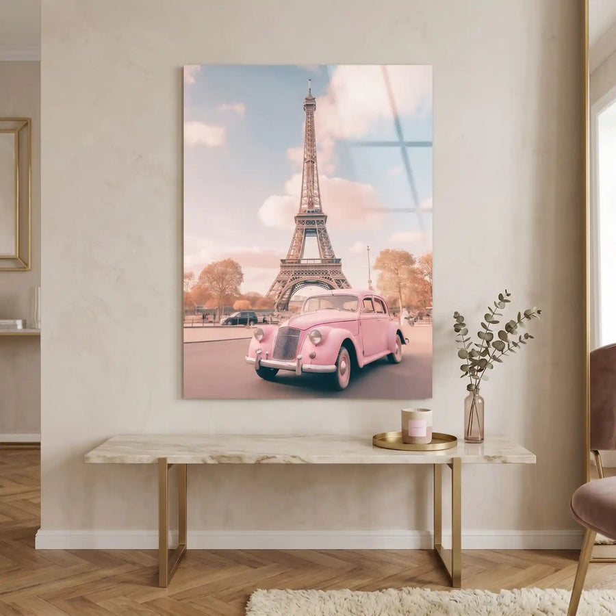 Cuadro Póster París con Coche Rosa | Estilo Vintage