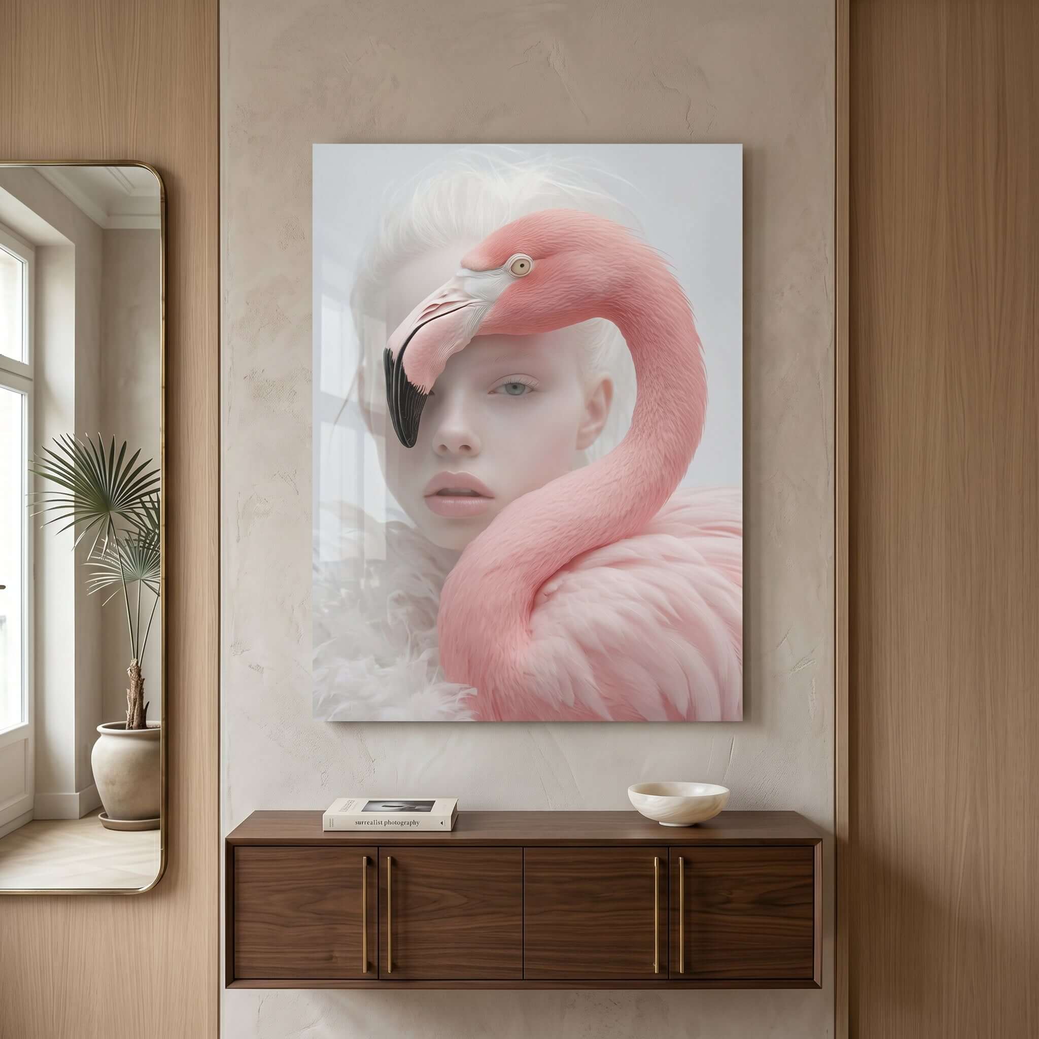 Cuadro Póster Mujer con Flamenco Rosa | Decoración Surrealista