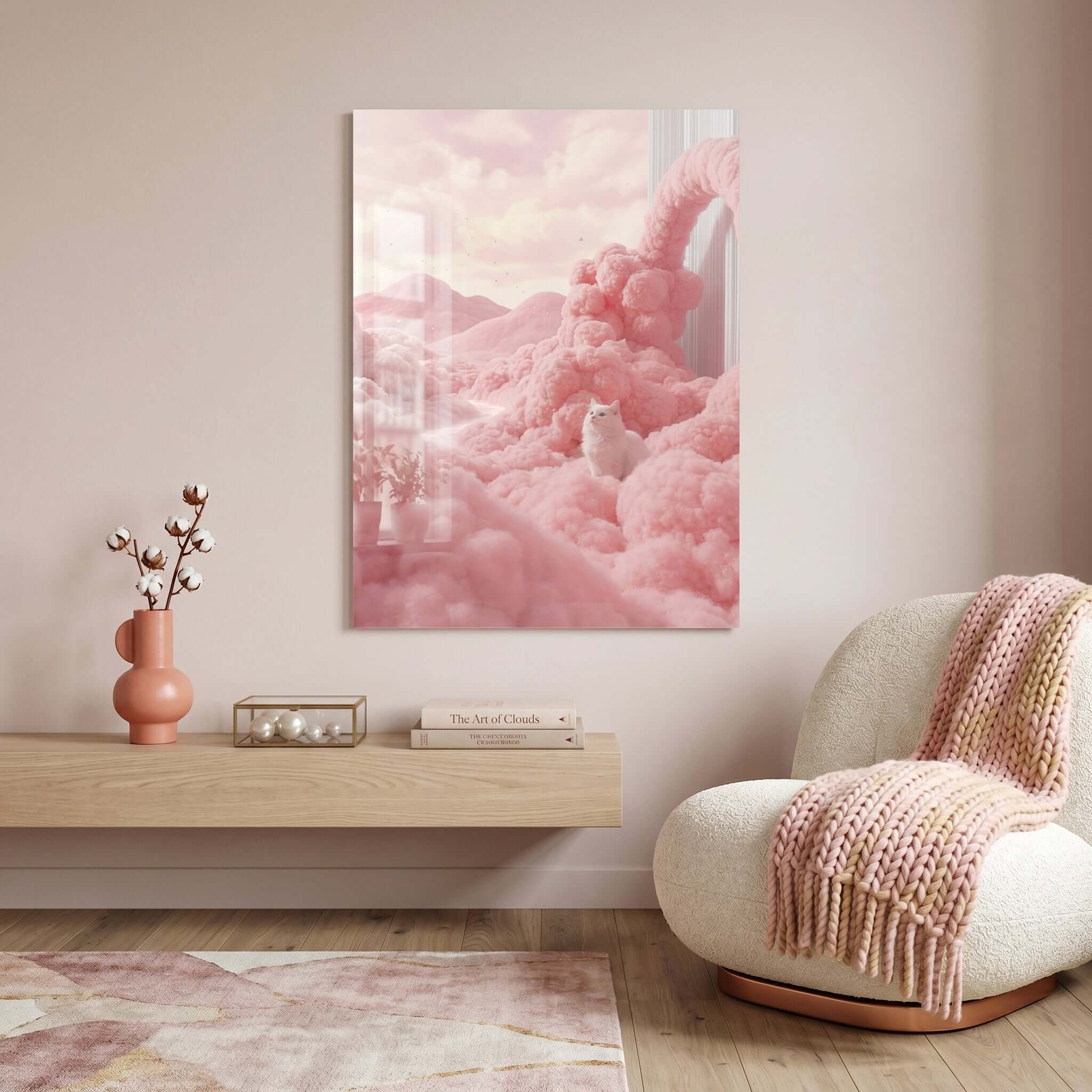 Cuadro Póster Gato Blanco entre Nubes | Decoración Rosa