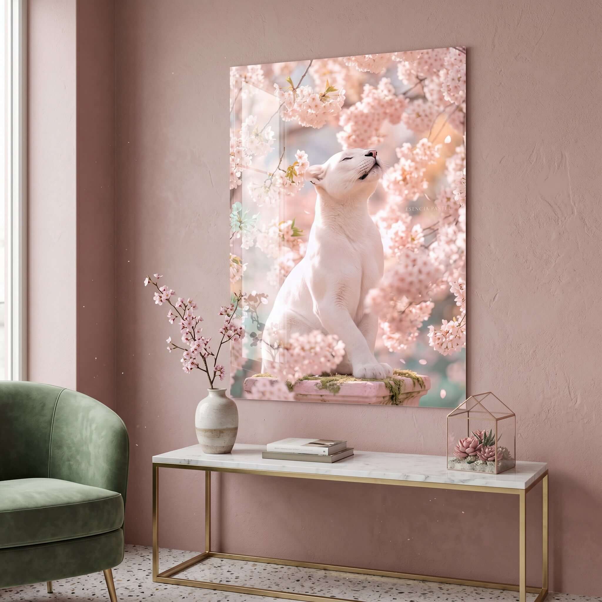 Cuadro Póster Puma Blanco | Decoración Floral Rosa