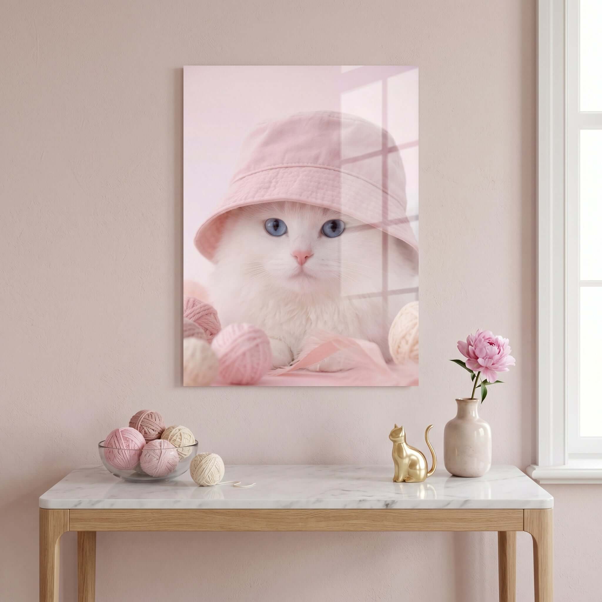 Cuadro Póster Gato Blanco con Sombrero | Decoración Rosa Pastel