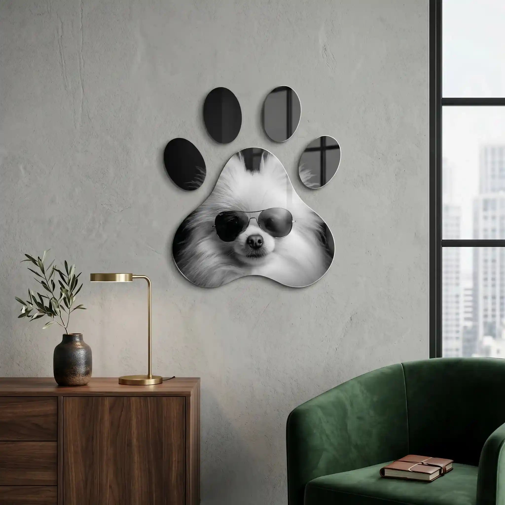 Cuadro Huella Canina | Pomerania con Gafas | Blanco y Negro