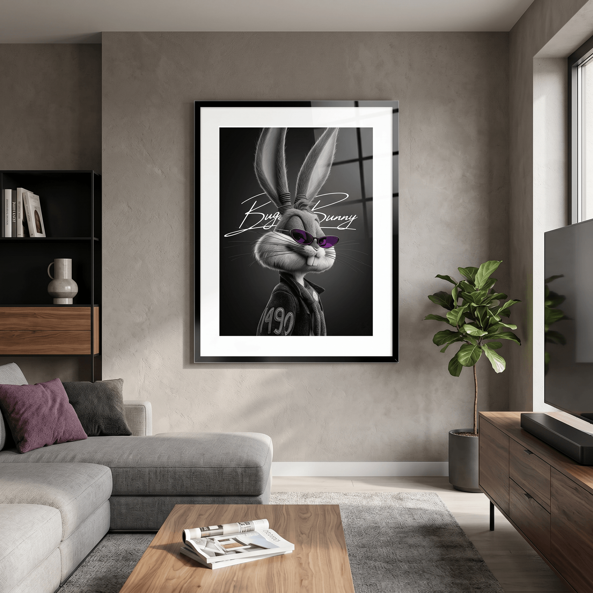 Cuadro tipo póster inspirado en Bugs Bunny, con estilo urbano en blanco y negro. Ideal para dormitorios, salones, oficinas o estudios.