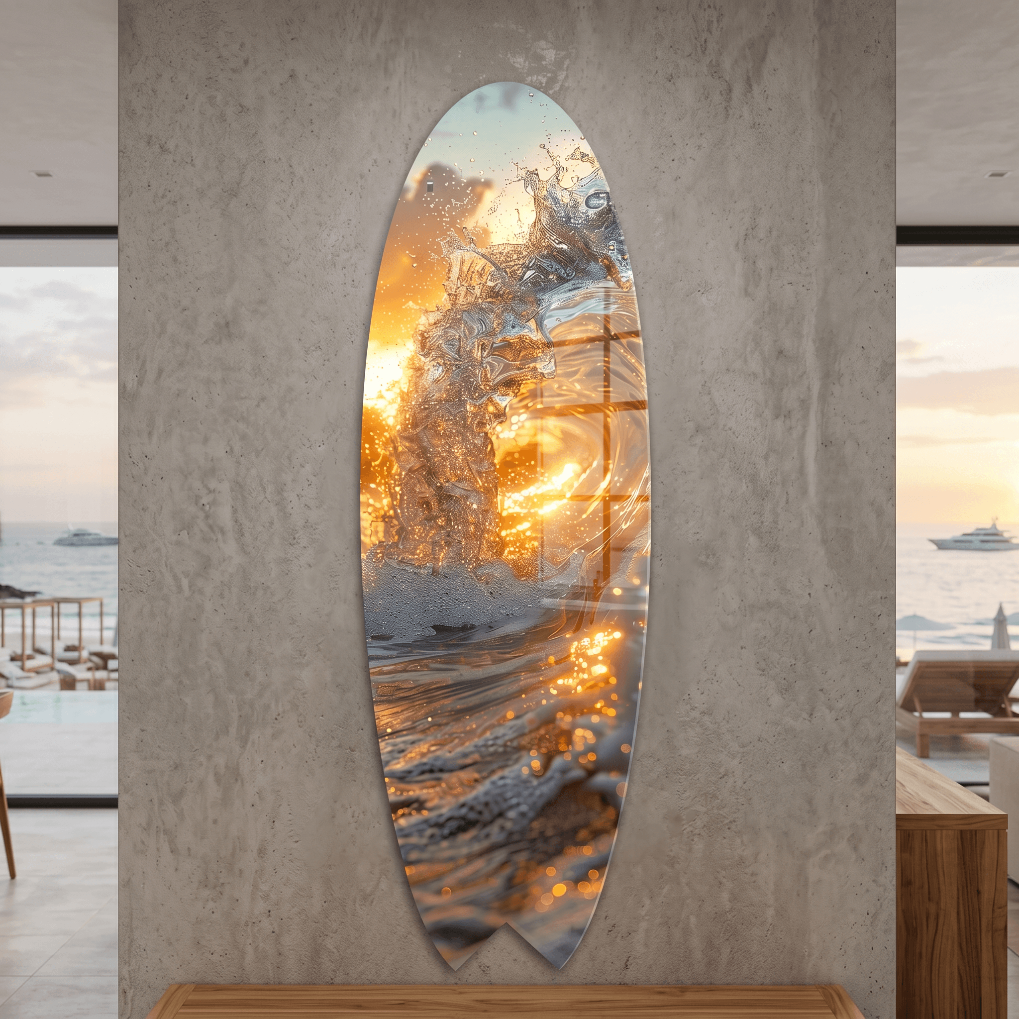 Cuadro Tabla de Surf con Ola Dorada | Decoración Costera