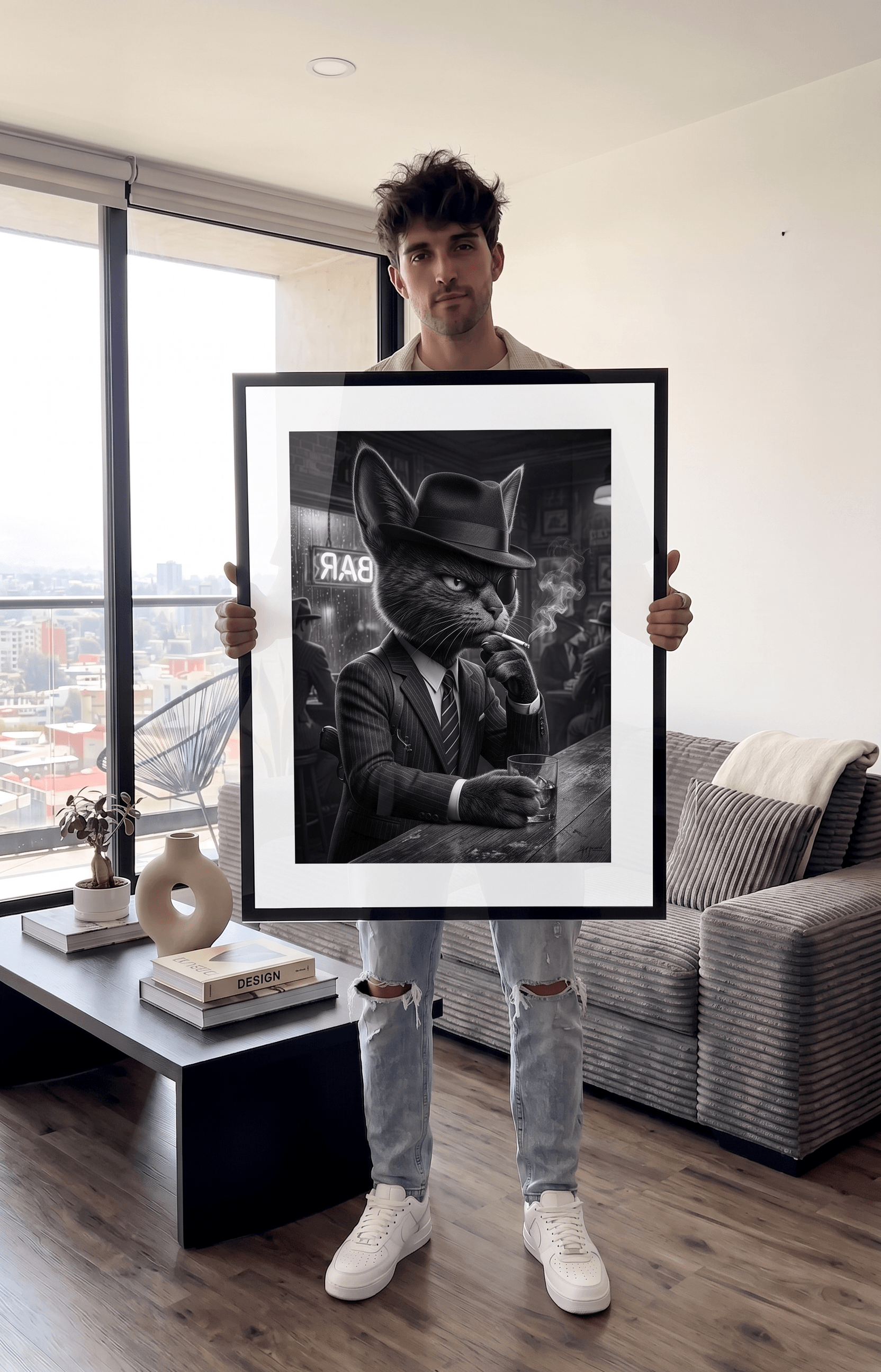 Cuadro Póster Gato en Bar | Decoración Vintage Moderna