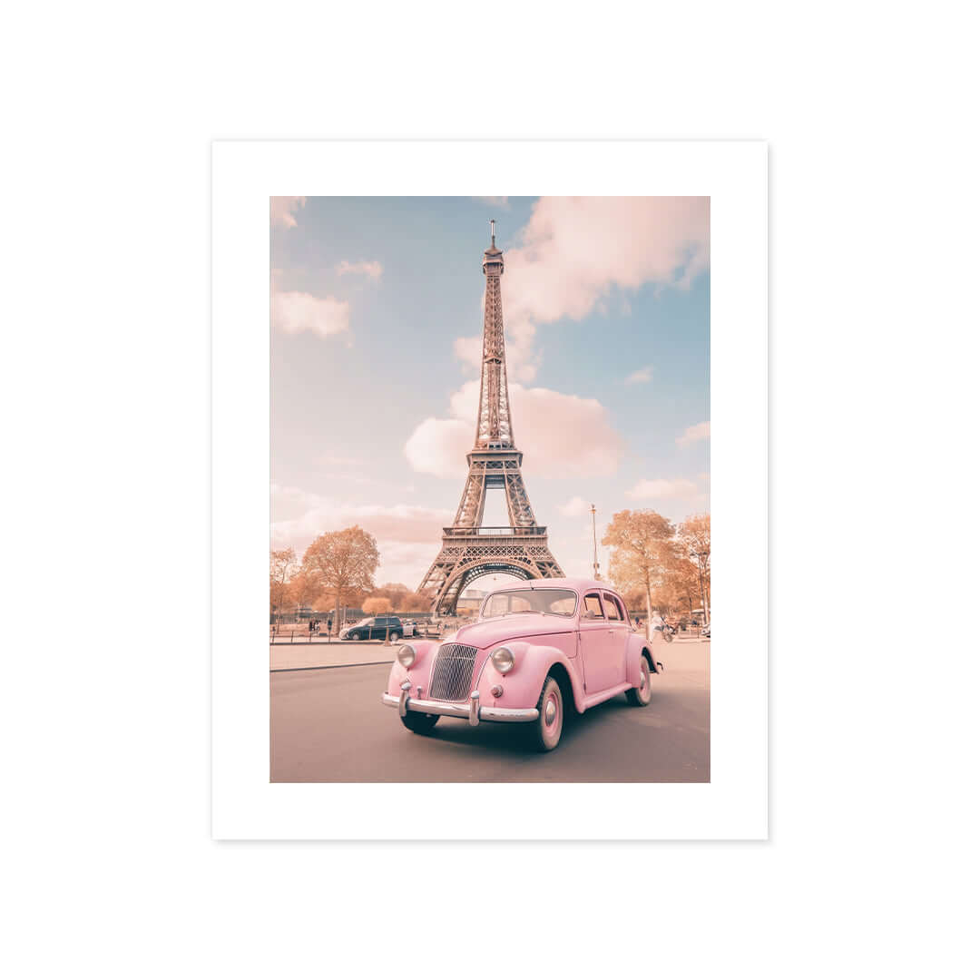 Cuadro Póster París con Coche Rosa | Decoración Pastel