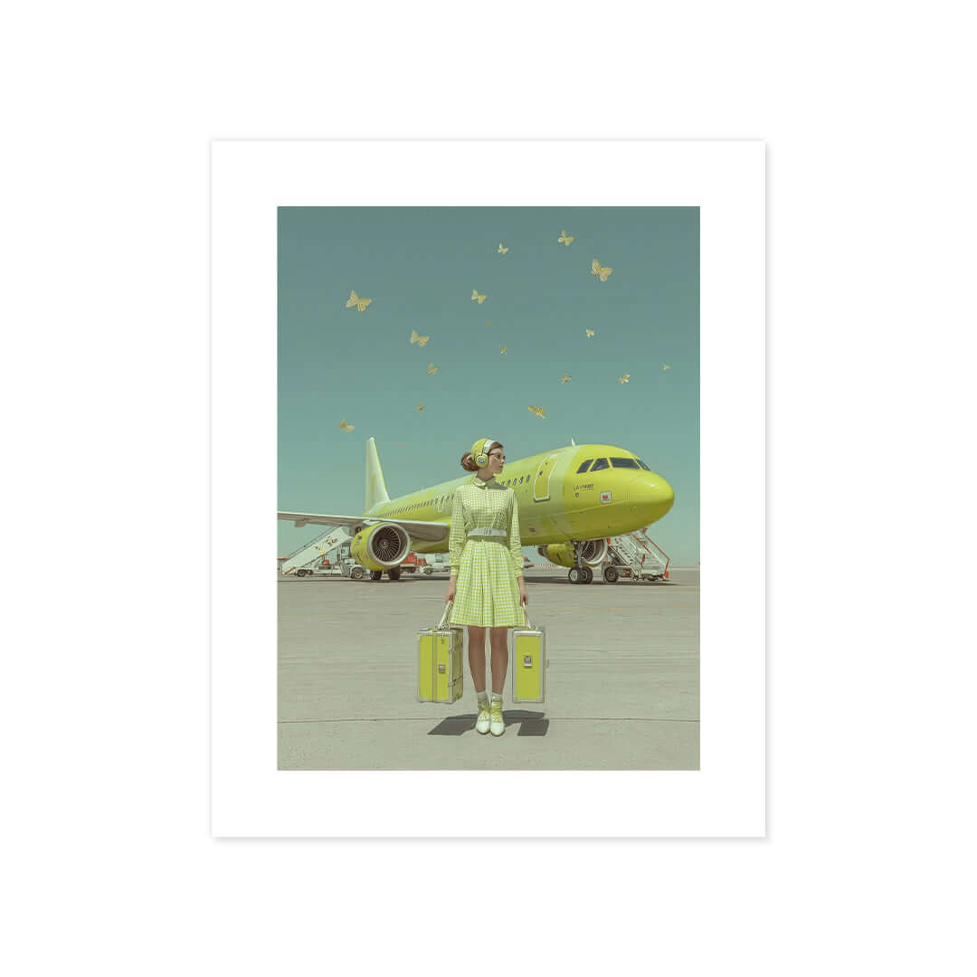 Cuadro Póster Avión Verde con Mariposas | Decoración Surrealista