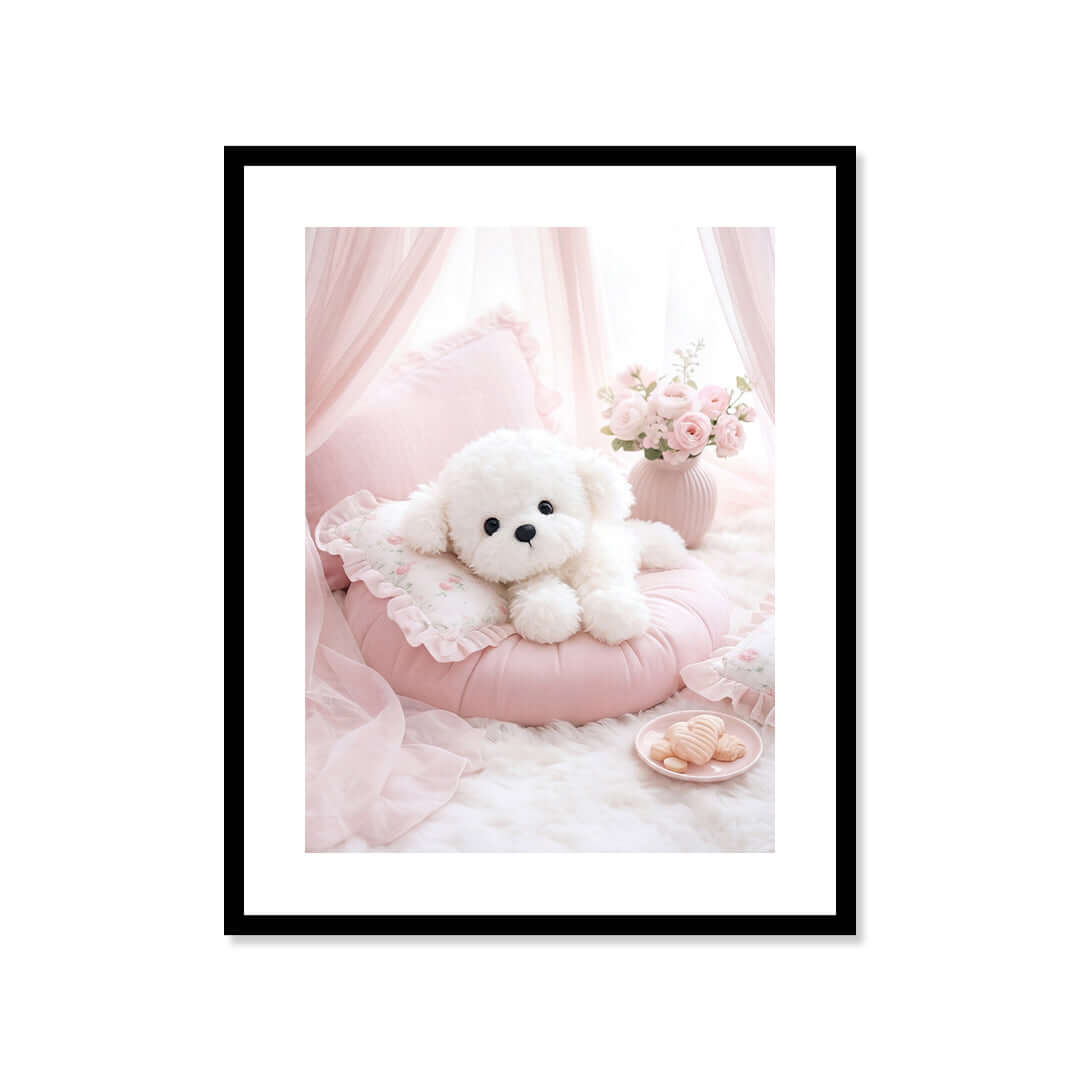 Cuadro Póster Perro Blanco con Flores | Decoración Rosa Pastel