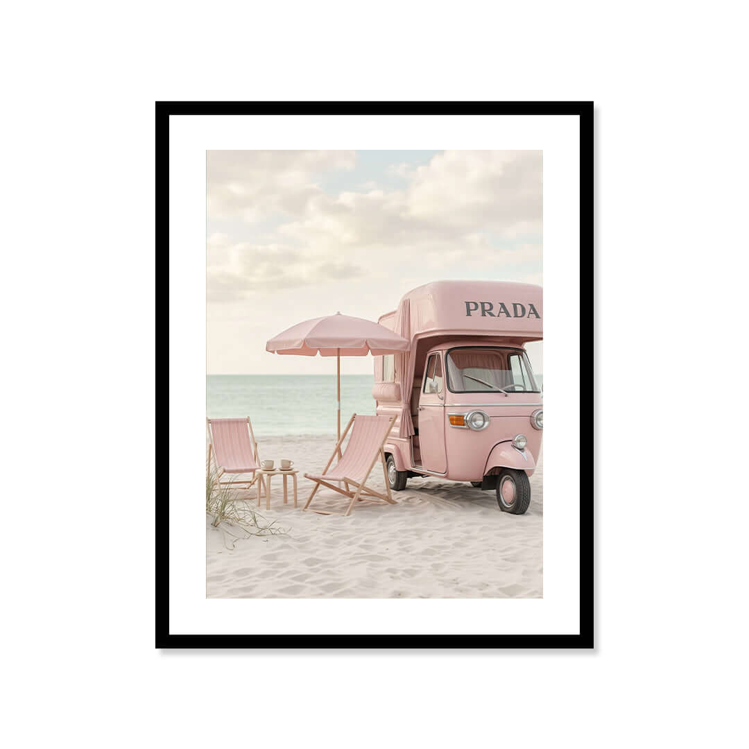 Cuadro Póster Furgoneta Rosa en la Playa | Decoración Pastel