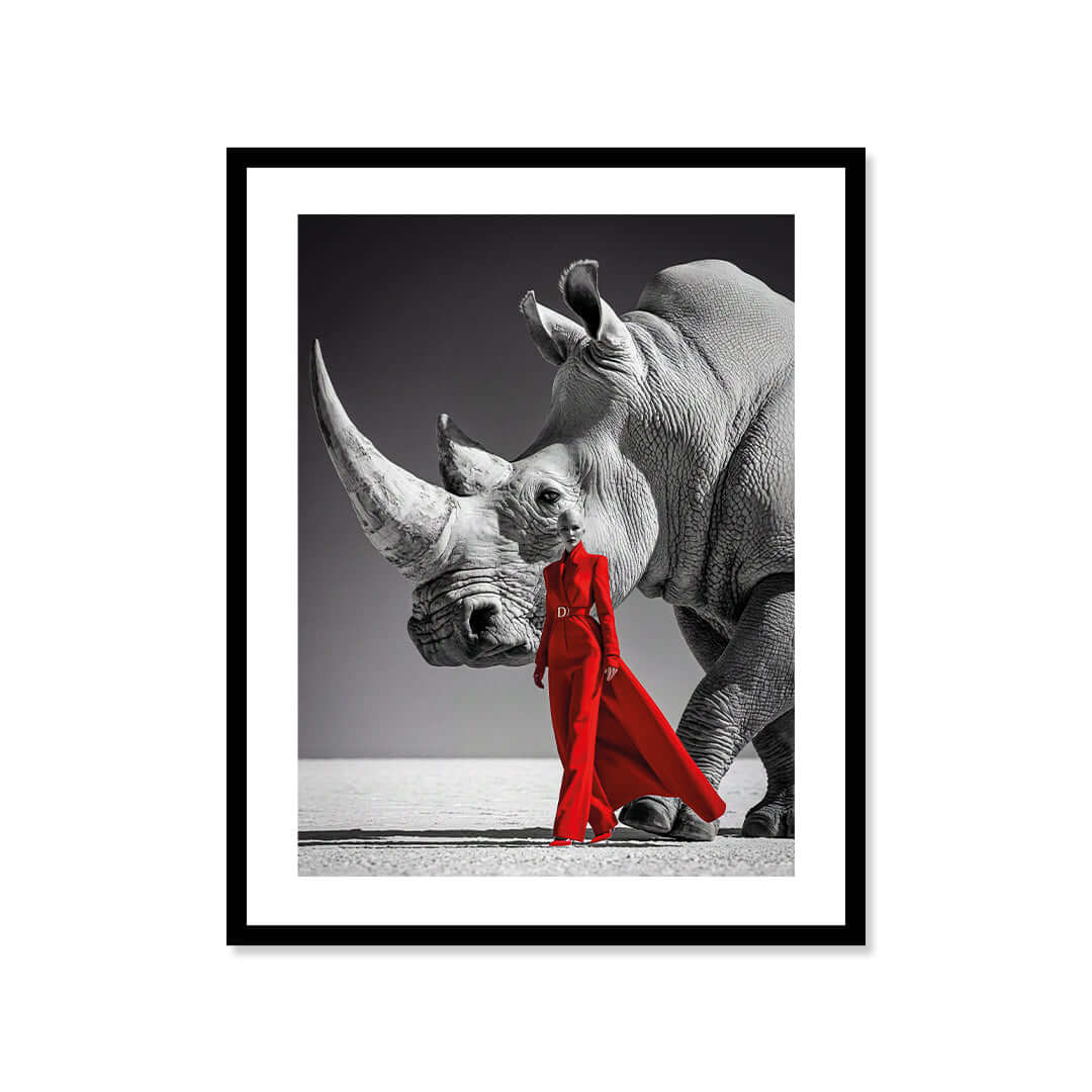 Cuadro Póster Rinoceronte y Mujer de Rojo | Decoración Moderna