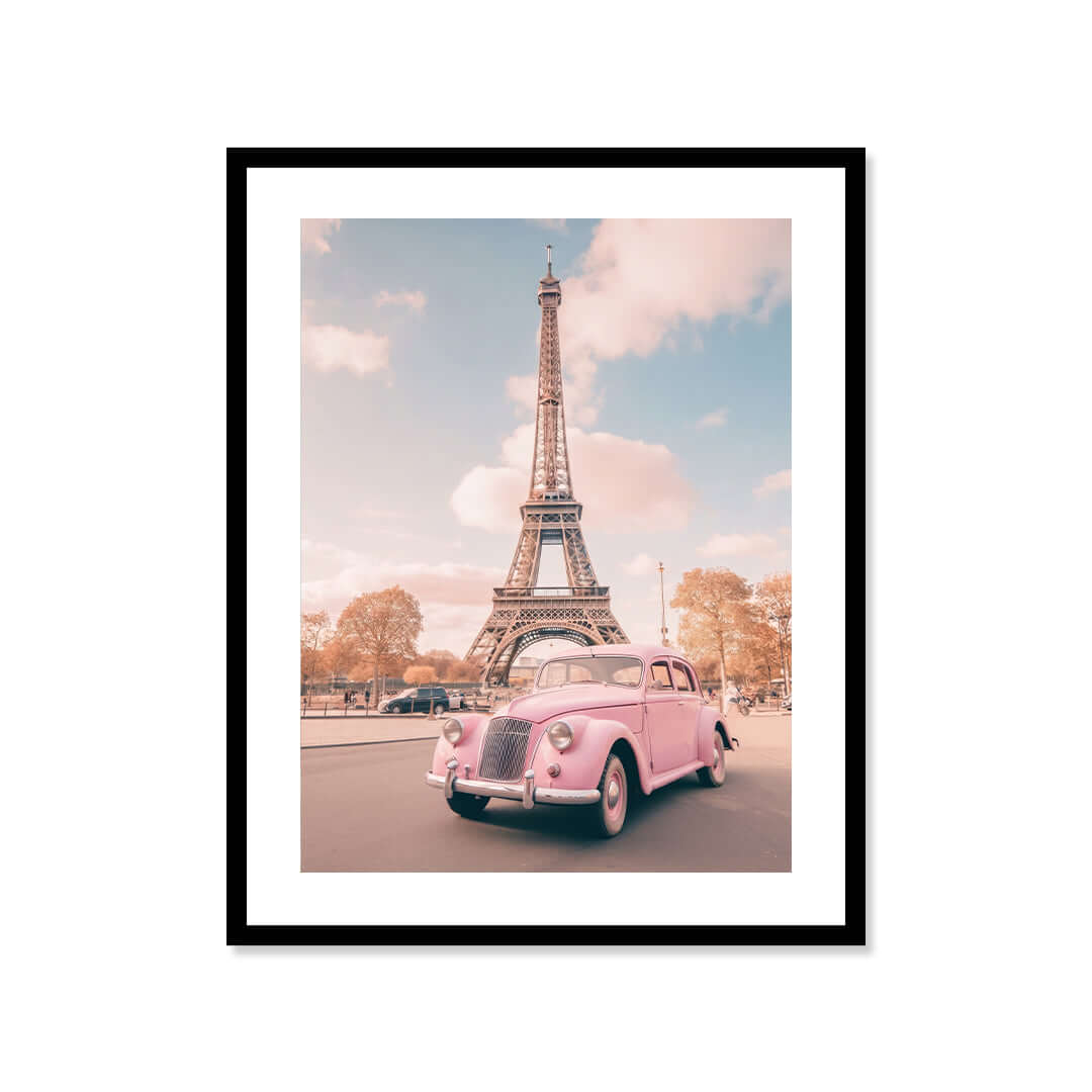 Cuadro Póster París con Coche Rosa | Decoración Pastel
