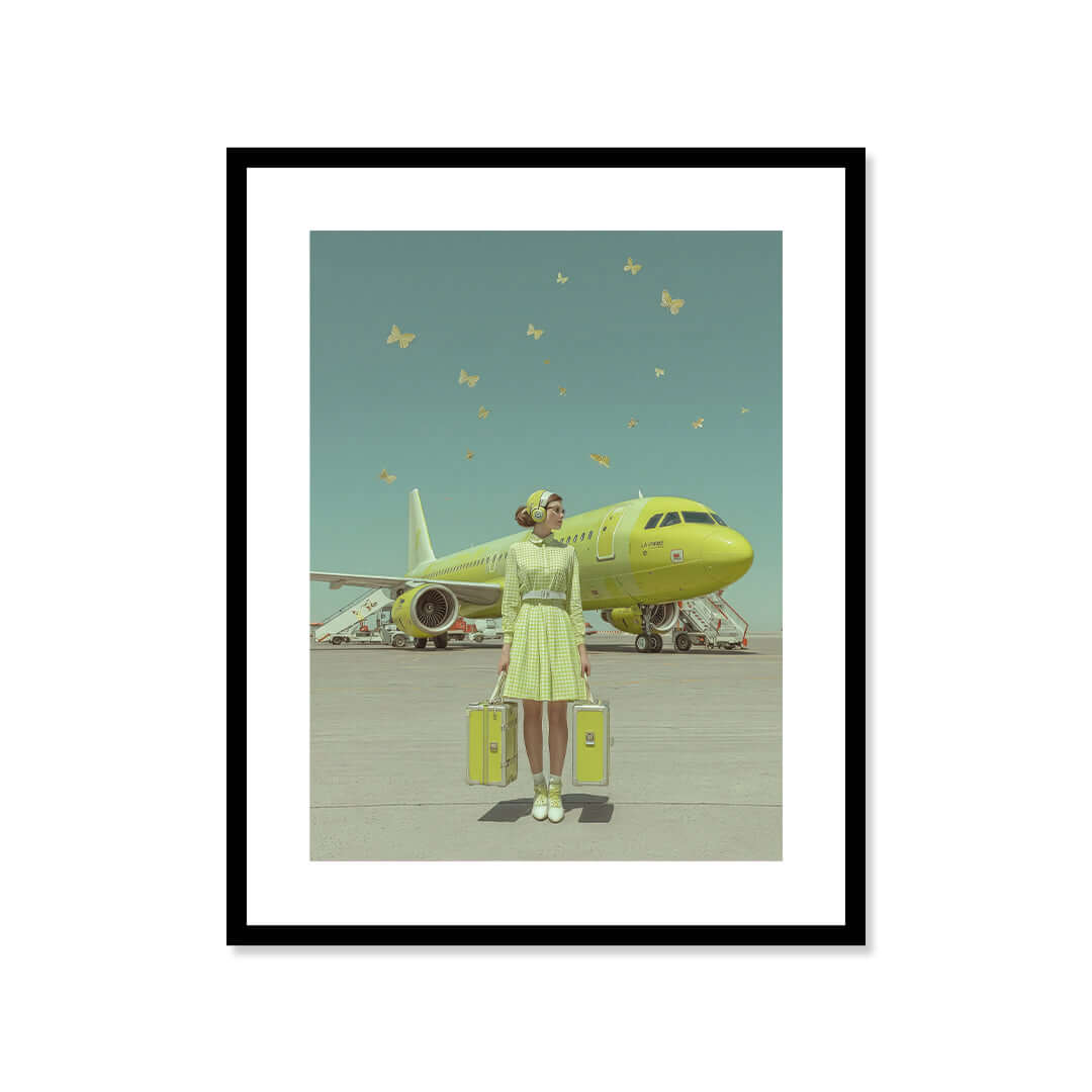 Cuadro Póster Avión Verde con Mariposas | Decoración Surrealista