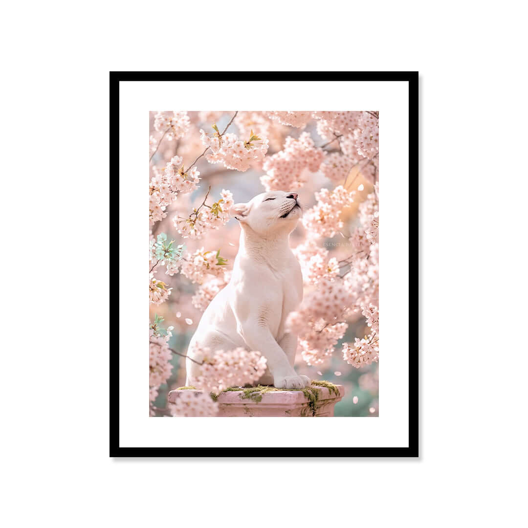 Cuadro Póster Puma Blanco | Decoración Floral Rosa