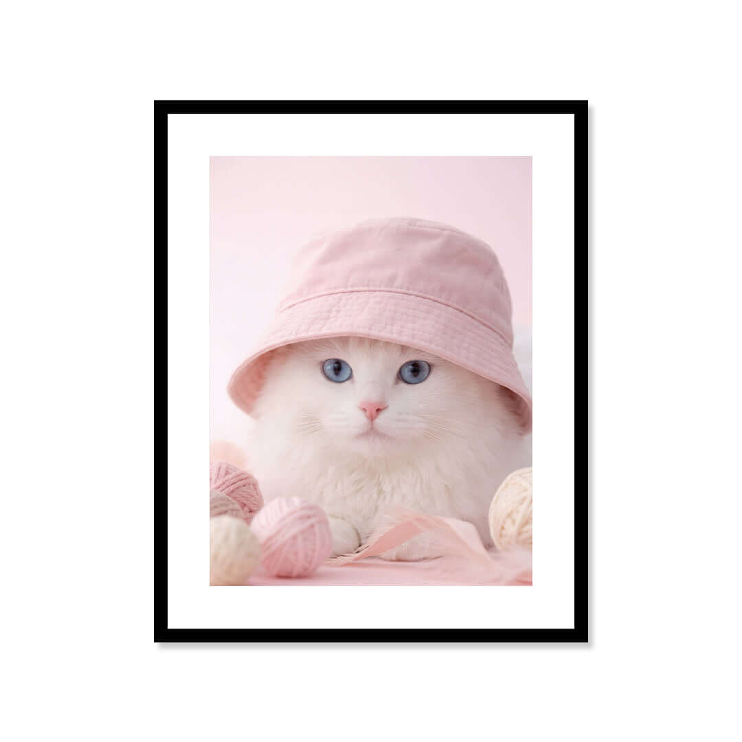 Cuadro Póster Gato Blanco con Sombrero | Decoración Rosa Pastel