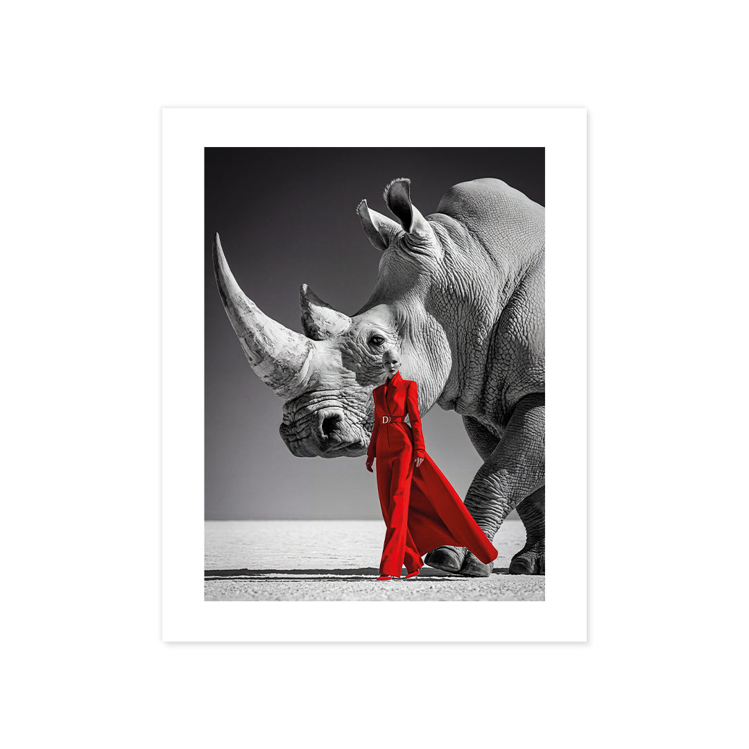 Cuadro Póster Rinoceronte y Mujer de Rojo | Decoración Moderna