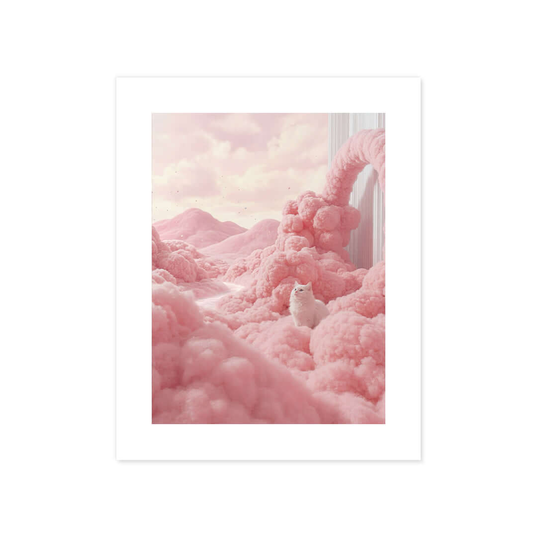 Cuadro Póster Gato Blanco entre Nubes | Decoración Rosa