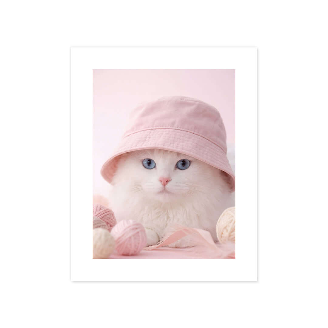 Cuadro Póster Gato Blanco con Sombrero | Decoración Rosa Pastel