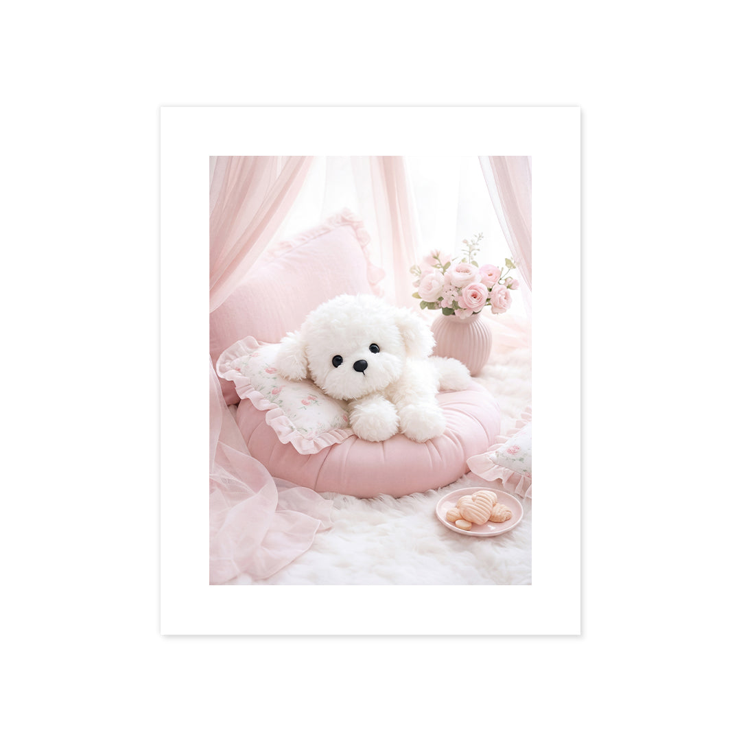 Cuadro Póster Perro Blanco con Flores | Decoración Rosa Pastel