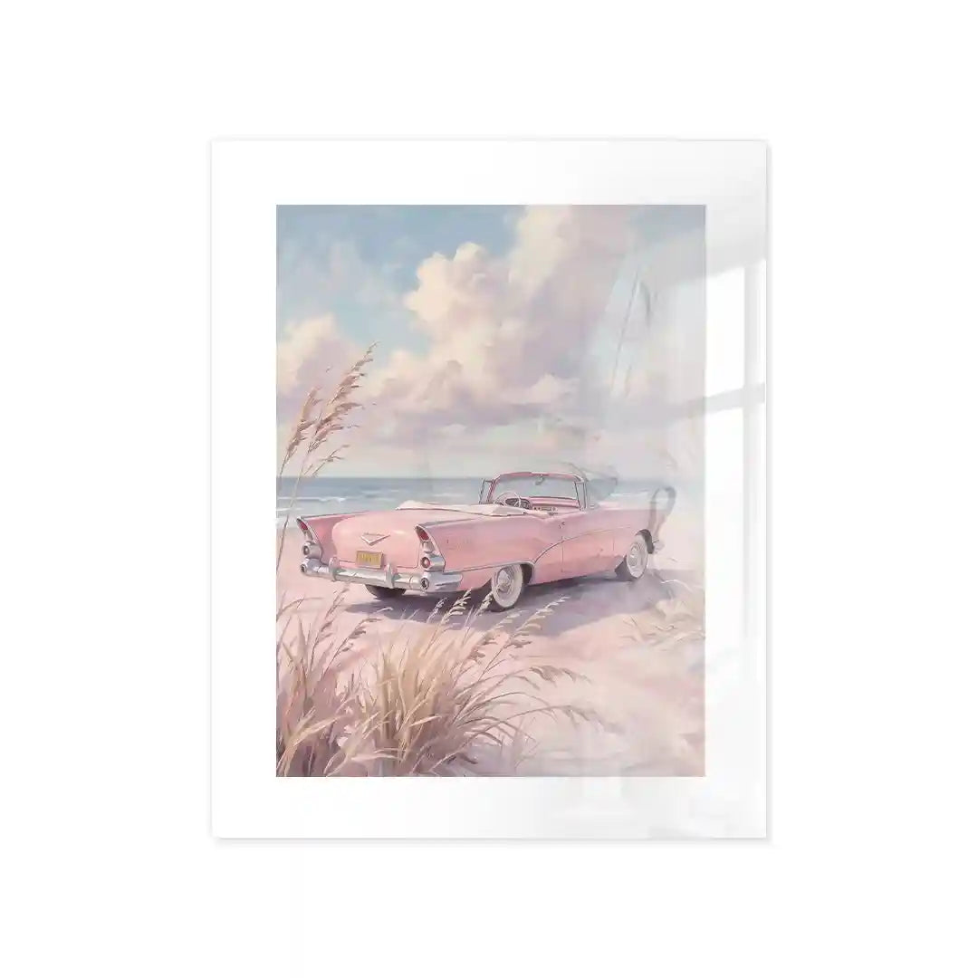 Cuadro Póster Coche Rosa junto al Mar | Decoración Pastel