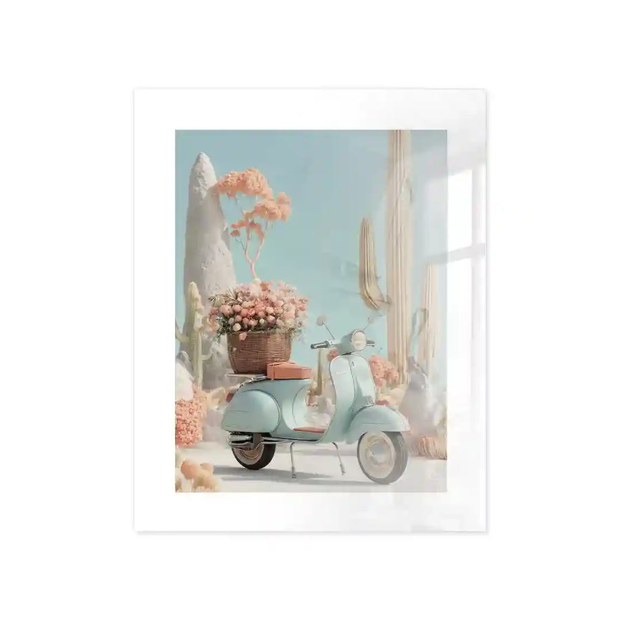 Cuadro Póster Scooter Vintage con Flores | Estilo Pastel