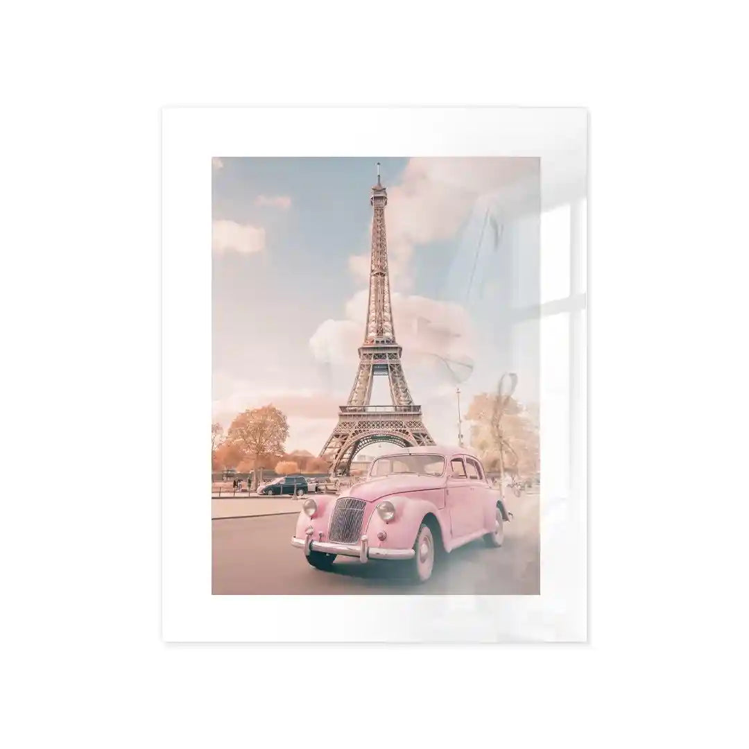 Cuadro Póster París con Coche Rosa | Estilo Vintage
