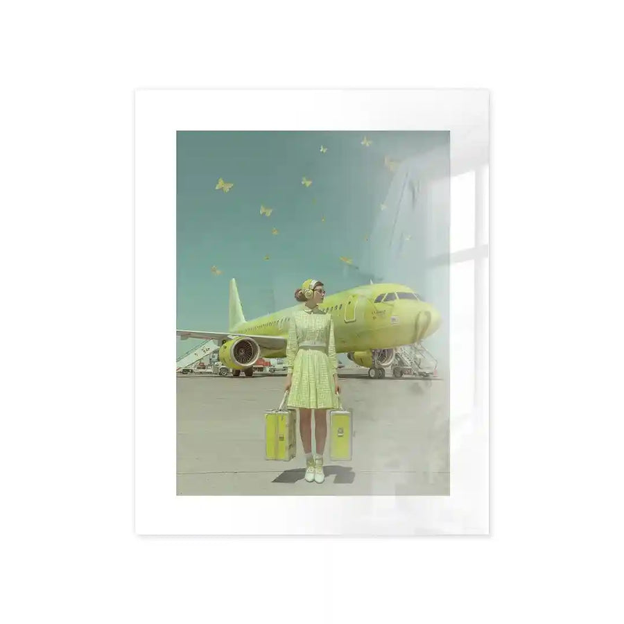 Cuadro Póster Viajera con Avión Verde | Estilo Retro