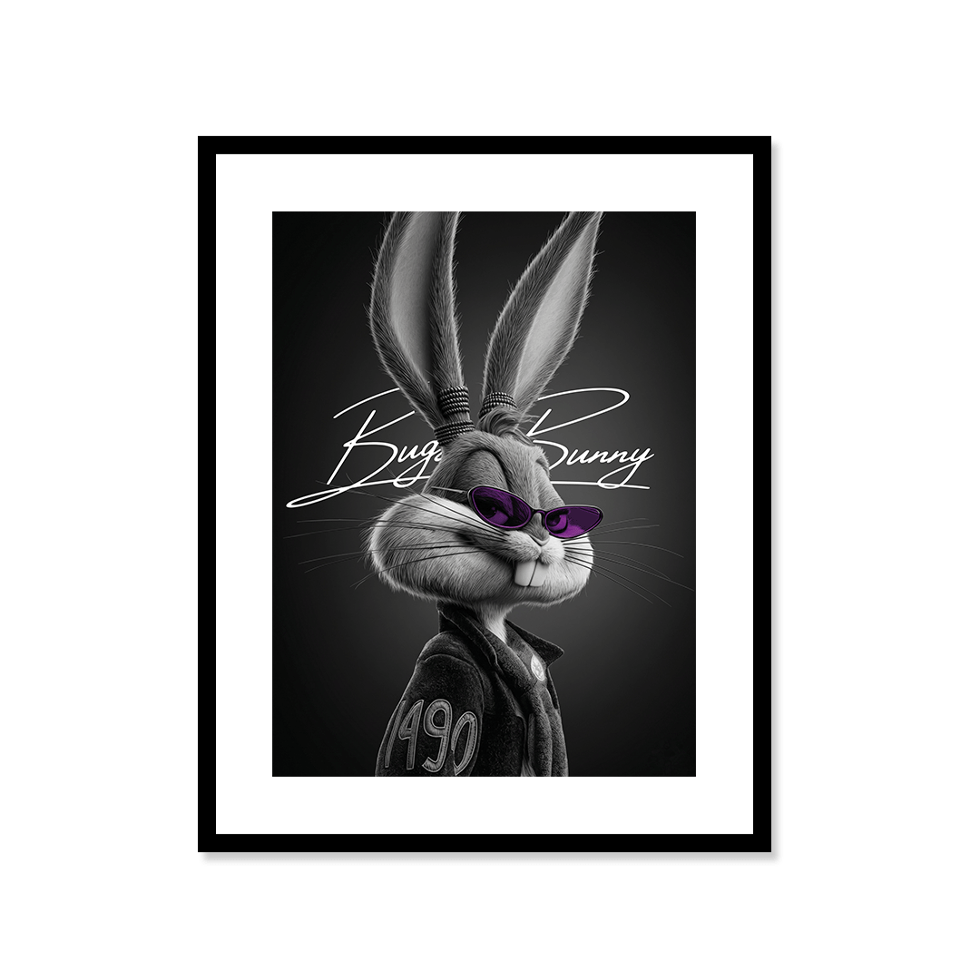 Cuadro tipo póster inspirado en Bugs Bunny, con estilo urbano en blanco y negro. Ideal para dormitorios, salones, oficinas o estudios.