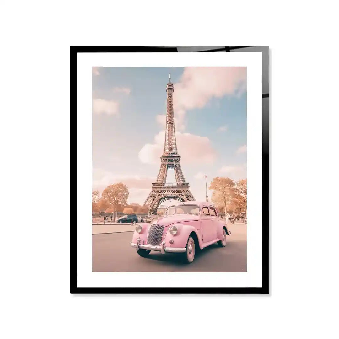 Cuadro Póster París con Coche Rosa | Estilo Vintage