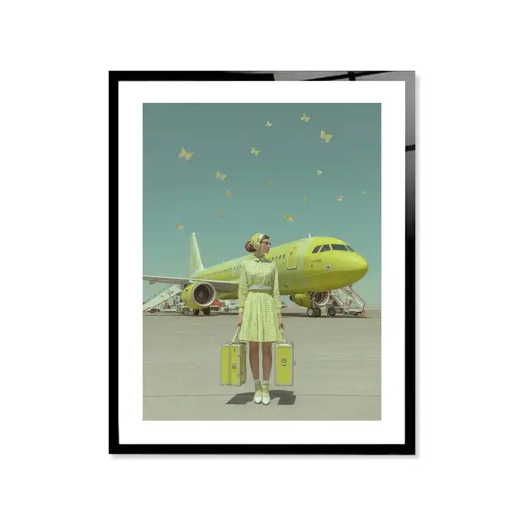 Cuadro Póster Viajera con Avión Verde | Estilo Retro
