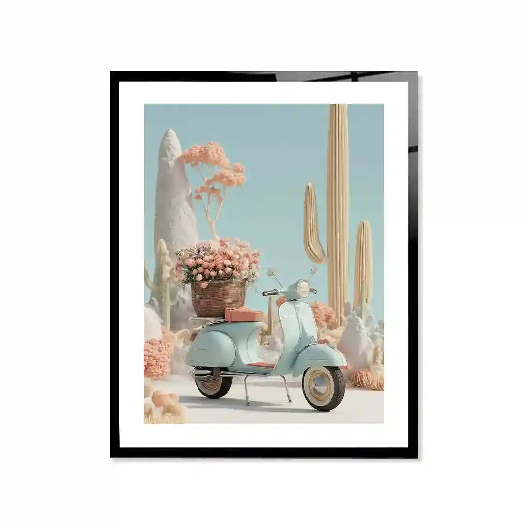 Cuadro Póster Scooter Vintage con Flores | Estilo Pastel
