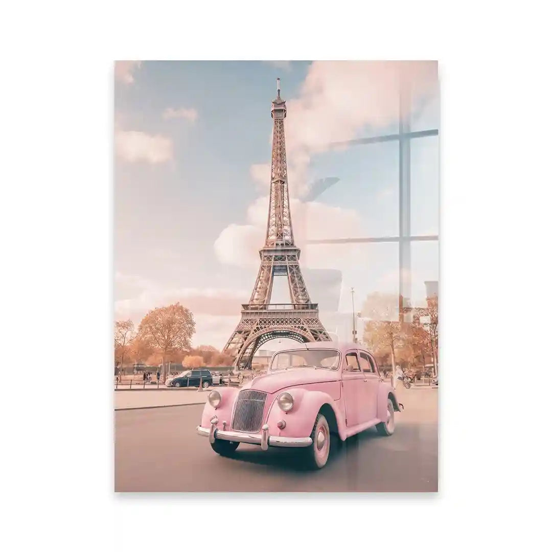 Cuadro Póster París con Coche Rosa | Estilo Vintage