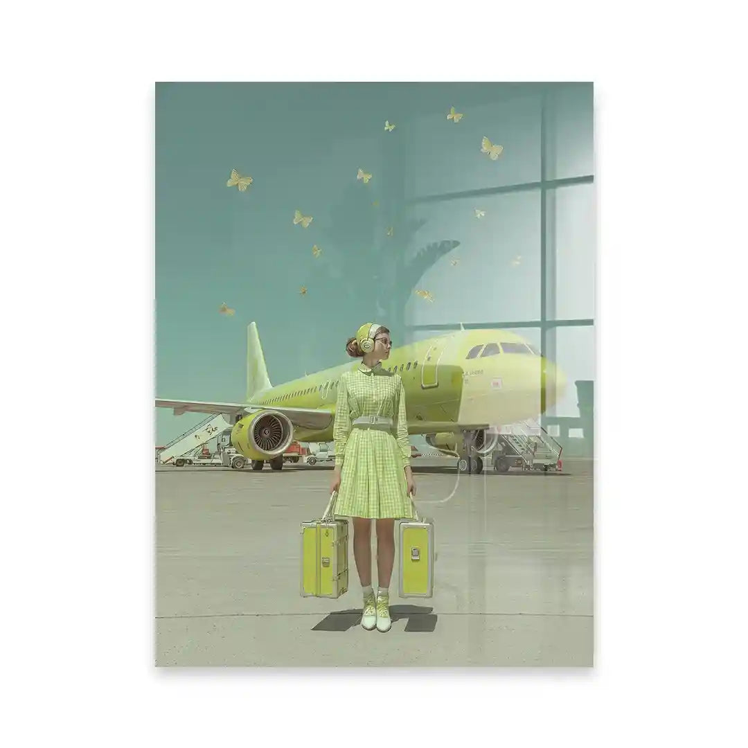 Cuadro Póster Viajera con Avión Verde | Estilo Retro
