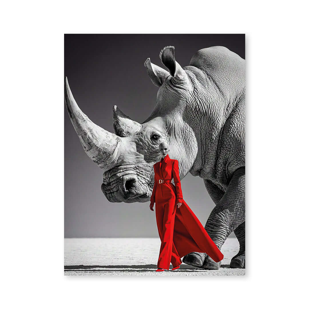 Cuadro Póster Rinoceronte y Mujer de Rojo | Decoración Moderna