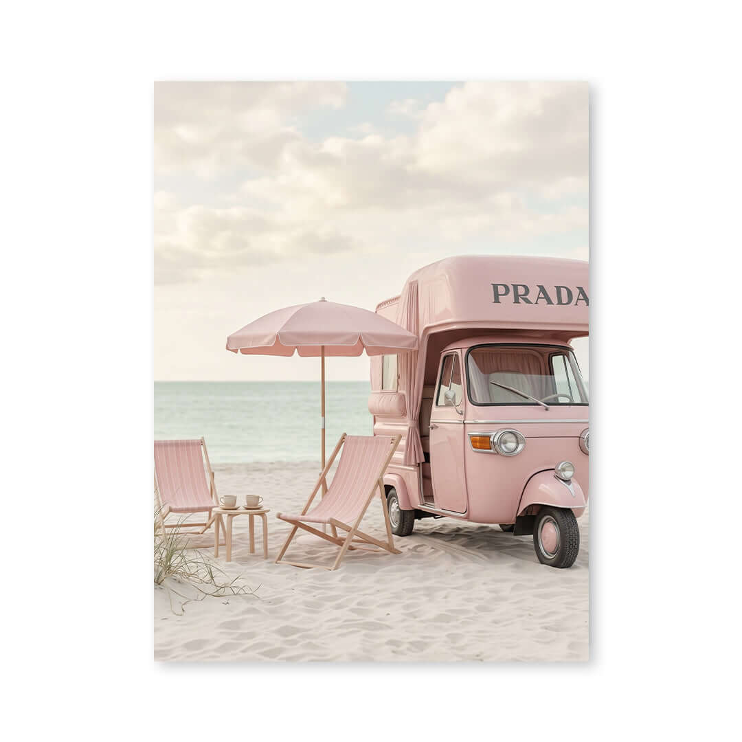 Cuadro Póster Furgoneta Rosa en la Playa | Decoración Pastel