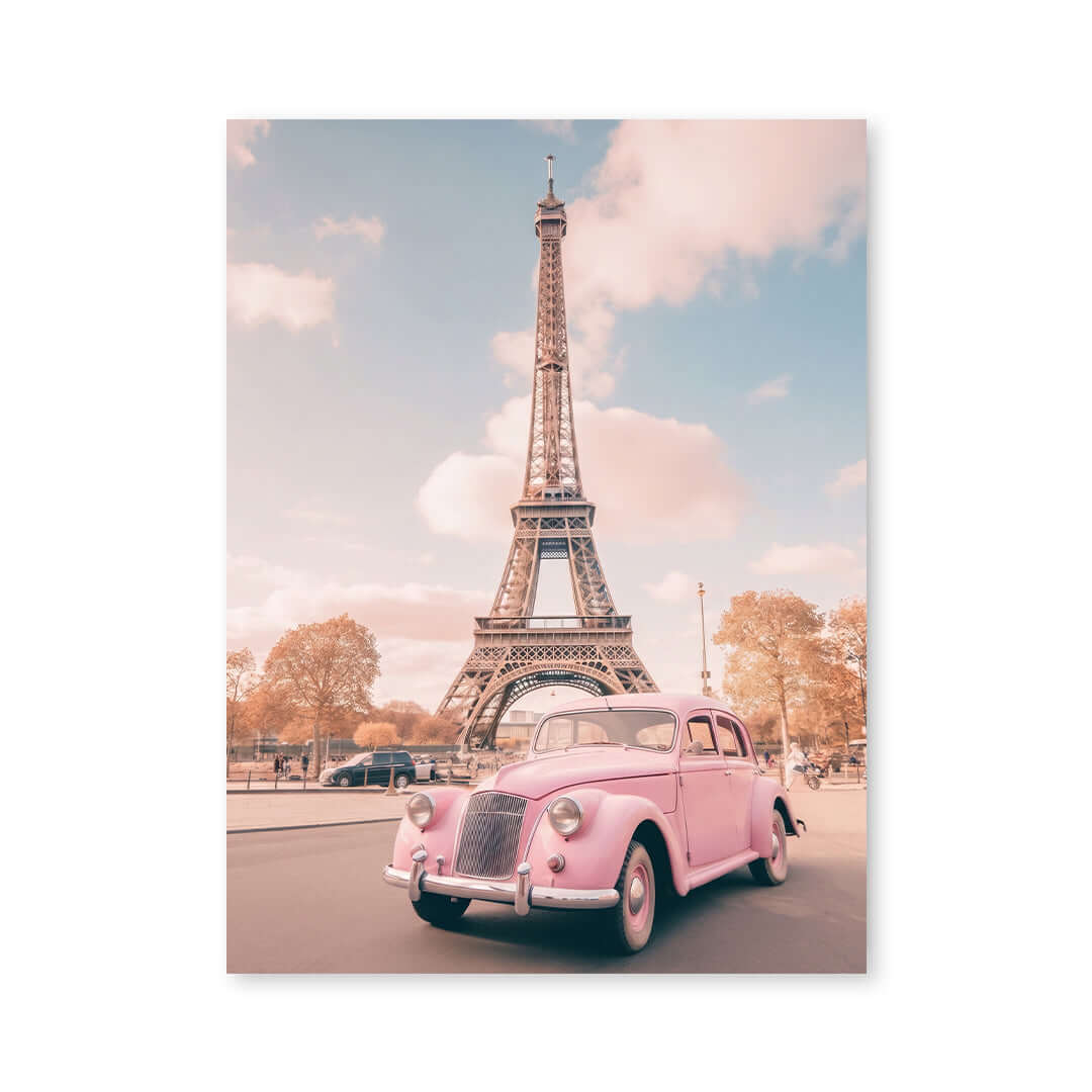 Cuadro Póster París con Coche Rosa | Decoración Pastel