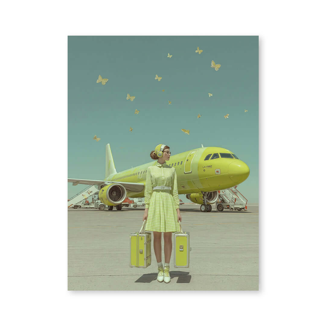 Cuadro Póster Avión Verde con Mariposas | Decoración Surrealista
