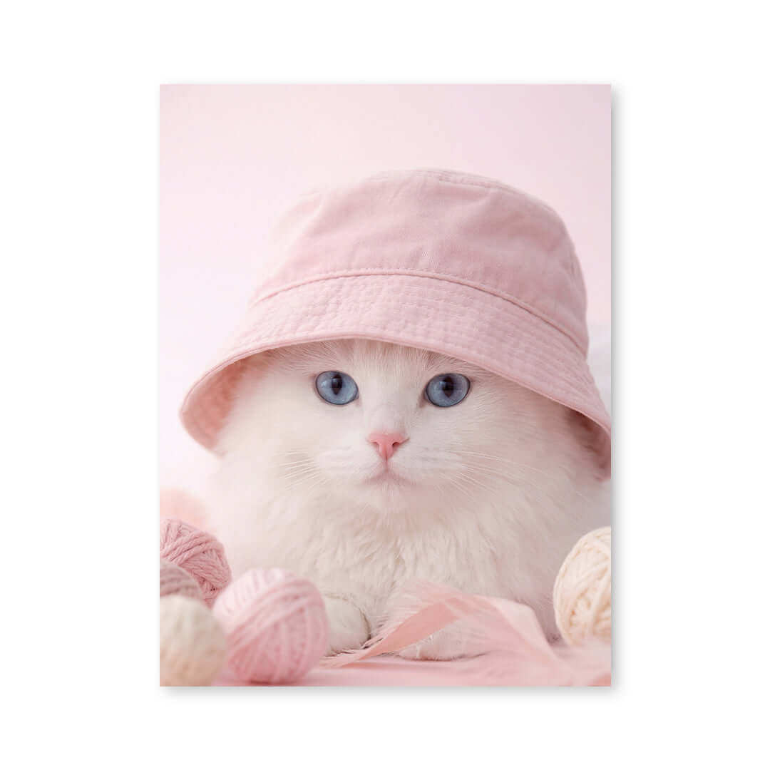 Cuadro Póster Gato Blanco con Sombrero | Decoración Rosa Pastel