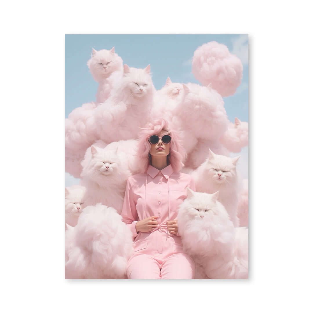 Cuadro Póster Mujer con Gatos Rosas | Decoración Surrealista