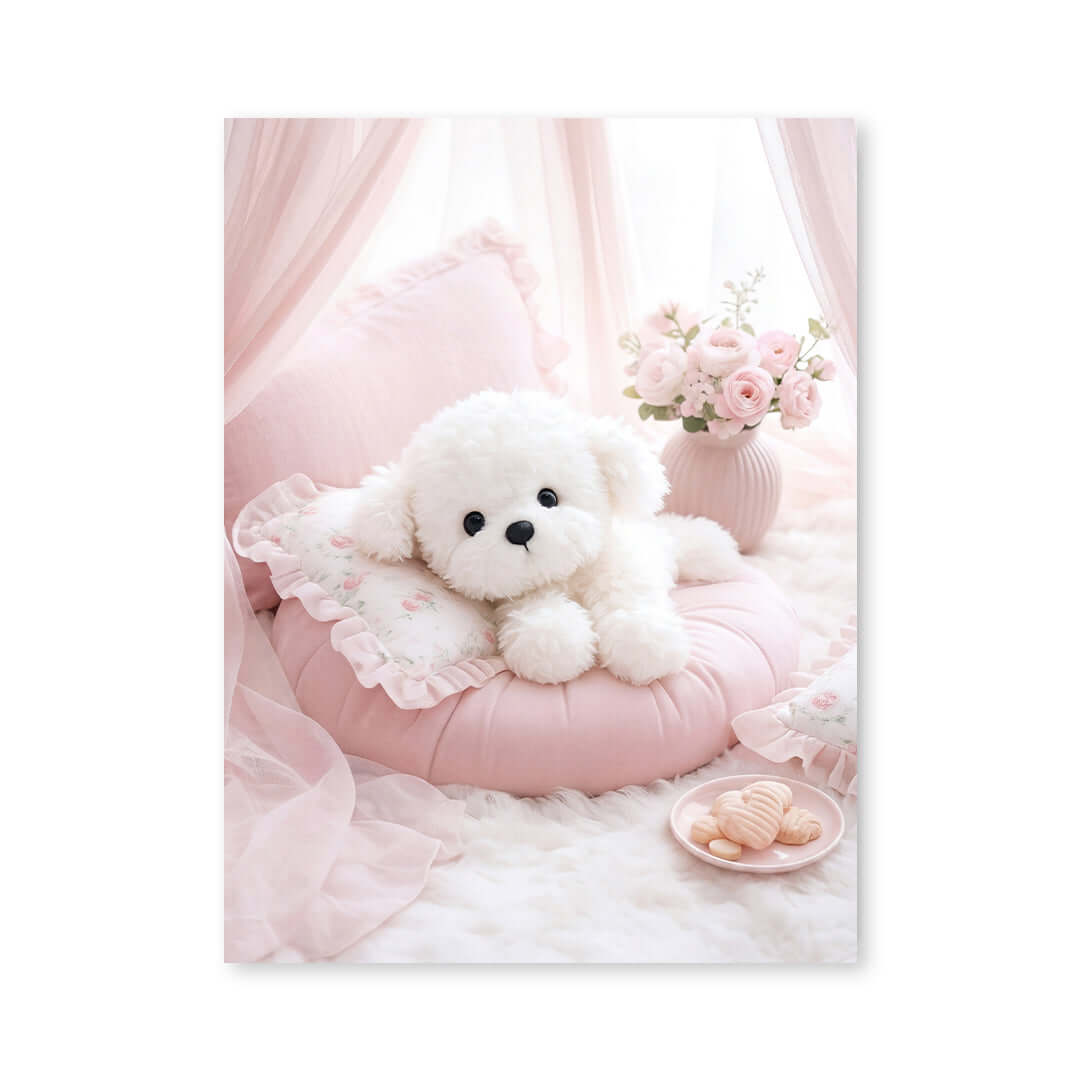 Cuadro Póster Perro Blanco con Flores | Decoración Rosa Pastel