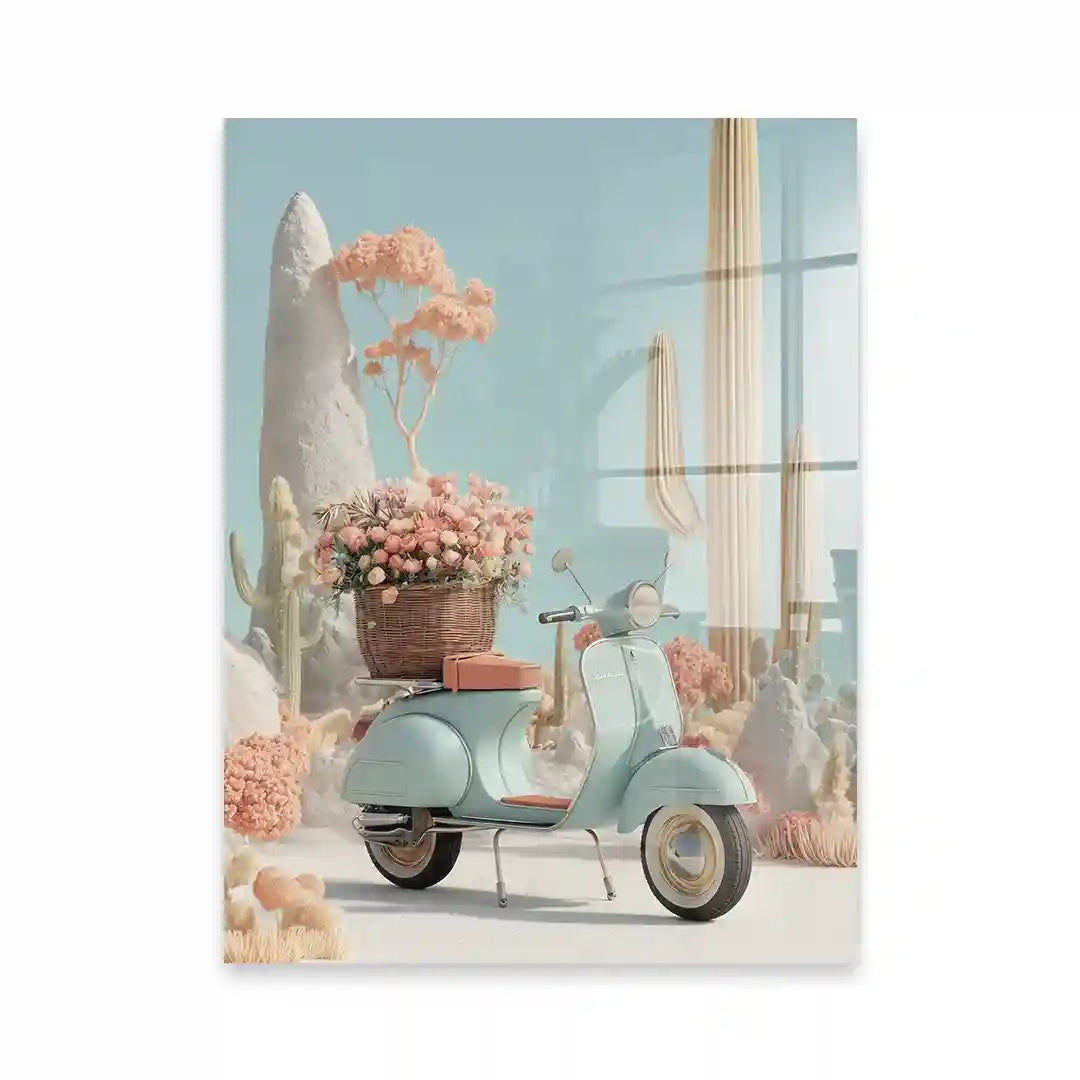 Cuadro Póster Scooter Vintage con Flores | Estilo Pastel