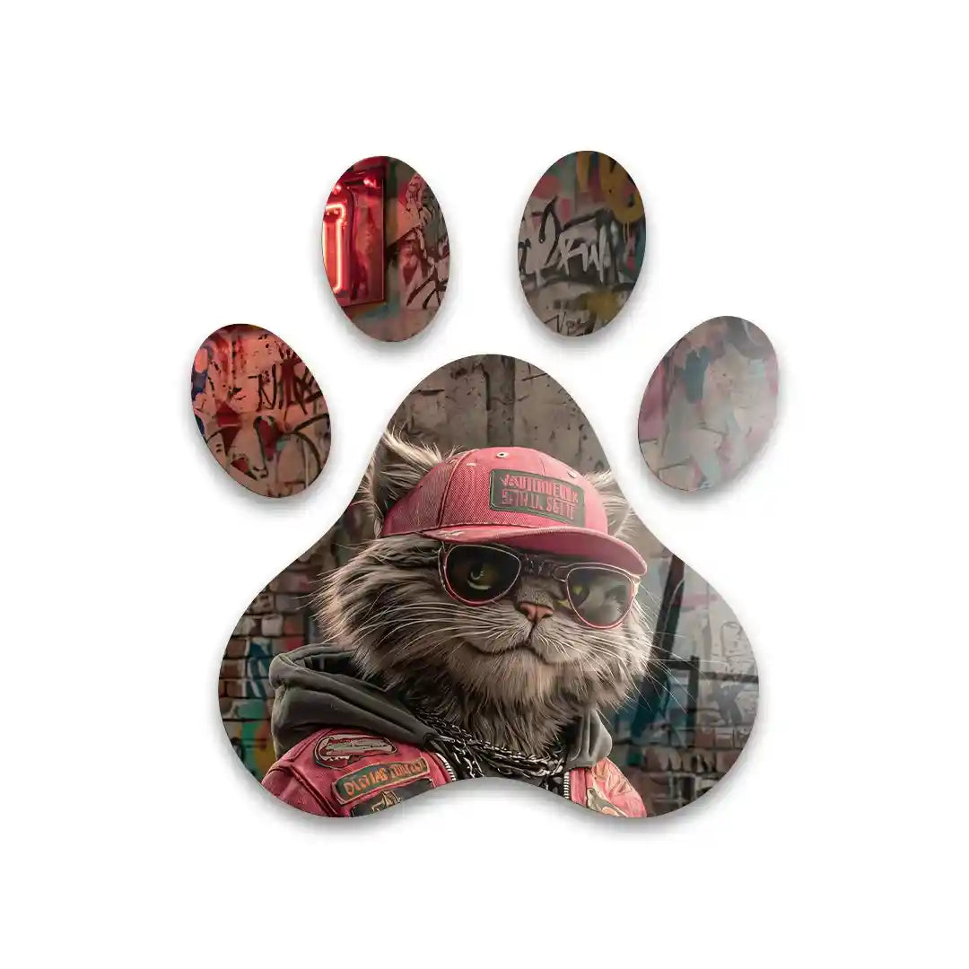Cuadro Huella Felina | Gato Urbano con Gorra Roja