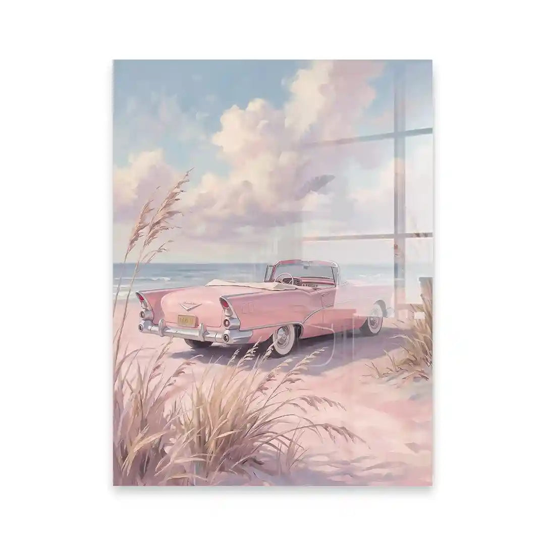Cuadro Póster Coche Rosa junto al Mar | Decoración Pastel