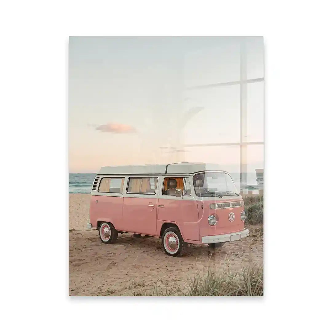 Cuadro Póster Furgoneta Retro Rosa en la Playa | Estilo Vintage