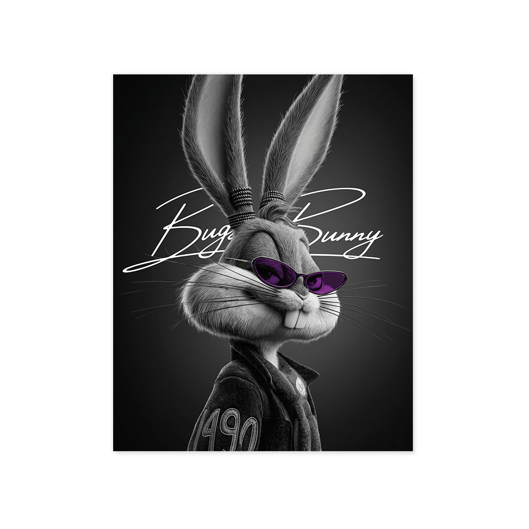 Cuadro tipo póster inspirado en Bugs Bunny, con estilo urbano en blanco y negro. Ideal para dormitorios, salones, oficinas o estudios.