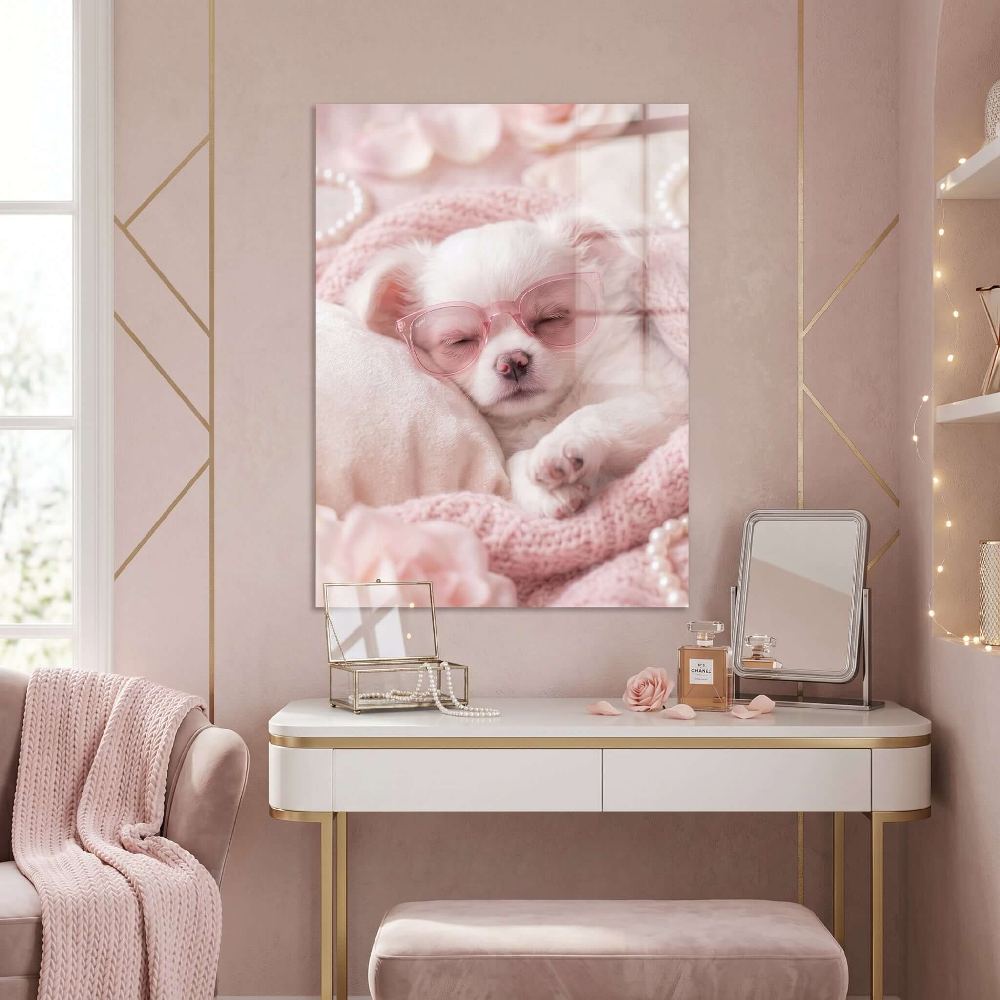 Cuadro Póster Cachorro Blanco | Decoración Rosa Pastel